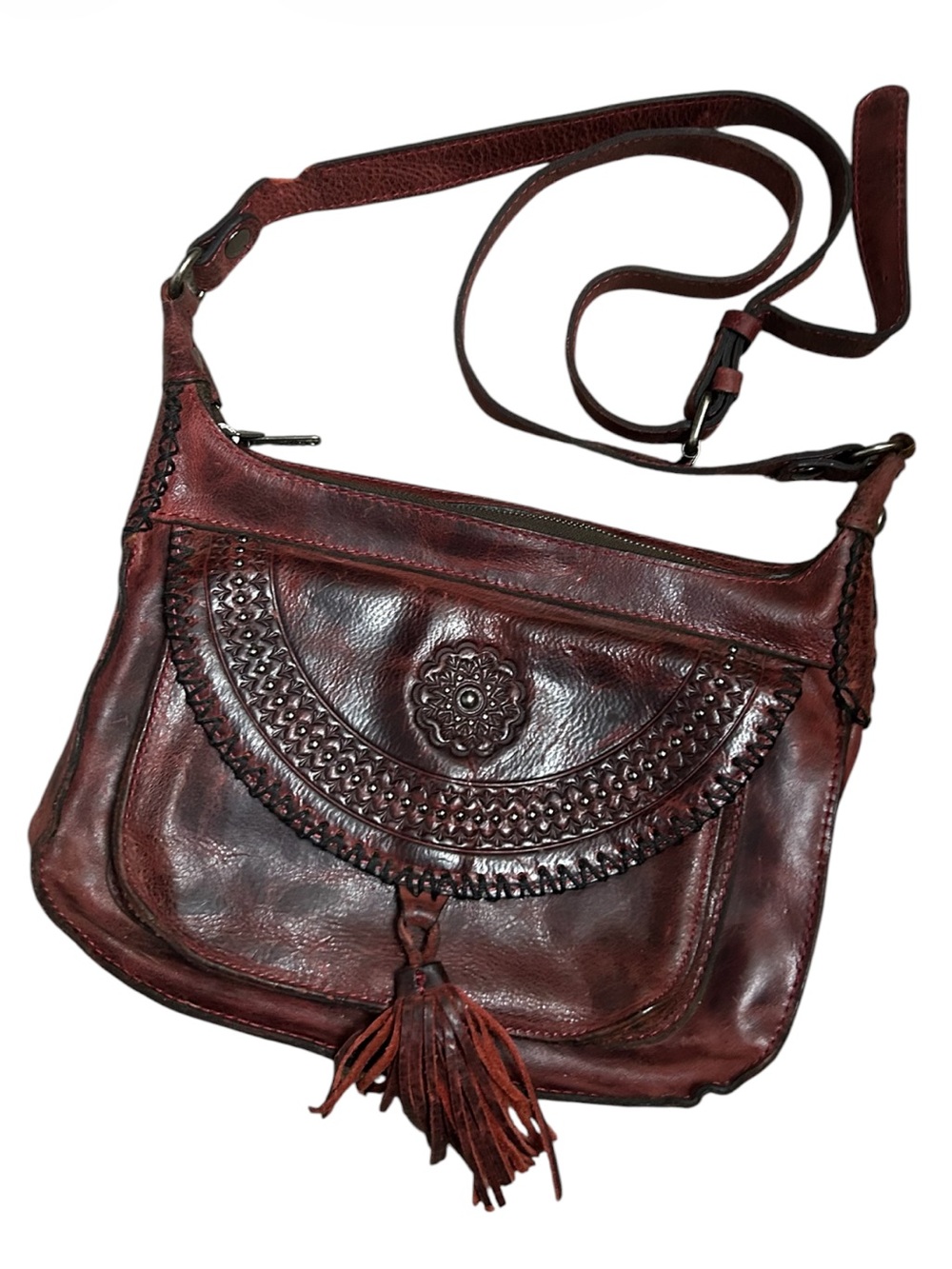 Patricia Nash Camila Distressed Leather Crossbody Bag in Maroon - Picture 2 of 9
